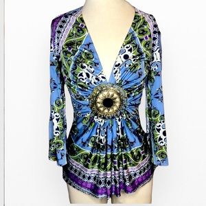 Y2K Vintage Sky Medallion Empire Waist Bell Sleeves Blouse M